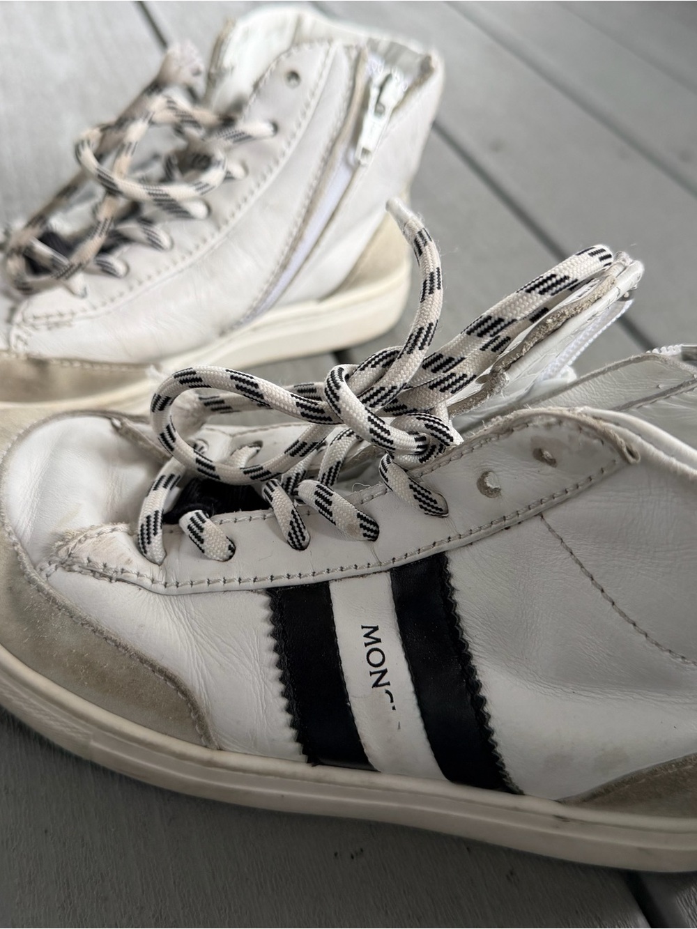White Leather Kids Moncler Sneakers with Black Stripe